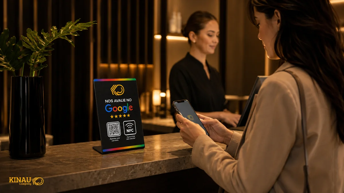 Cliente avaliando o atendimento pelo celular na recepção de um estabelecimento
