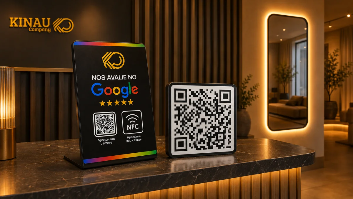 Placa de Avaliação Google com QR Code sobre o balcão de um estabelecimento
