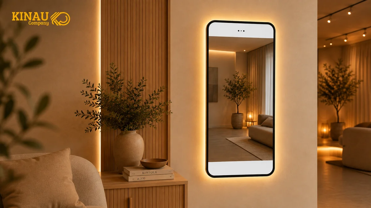 Espelho decorativo com iluminação em ambiente preparado para fotos